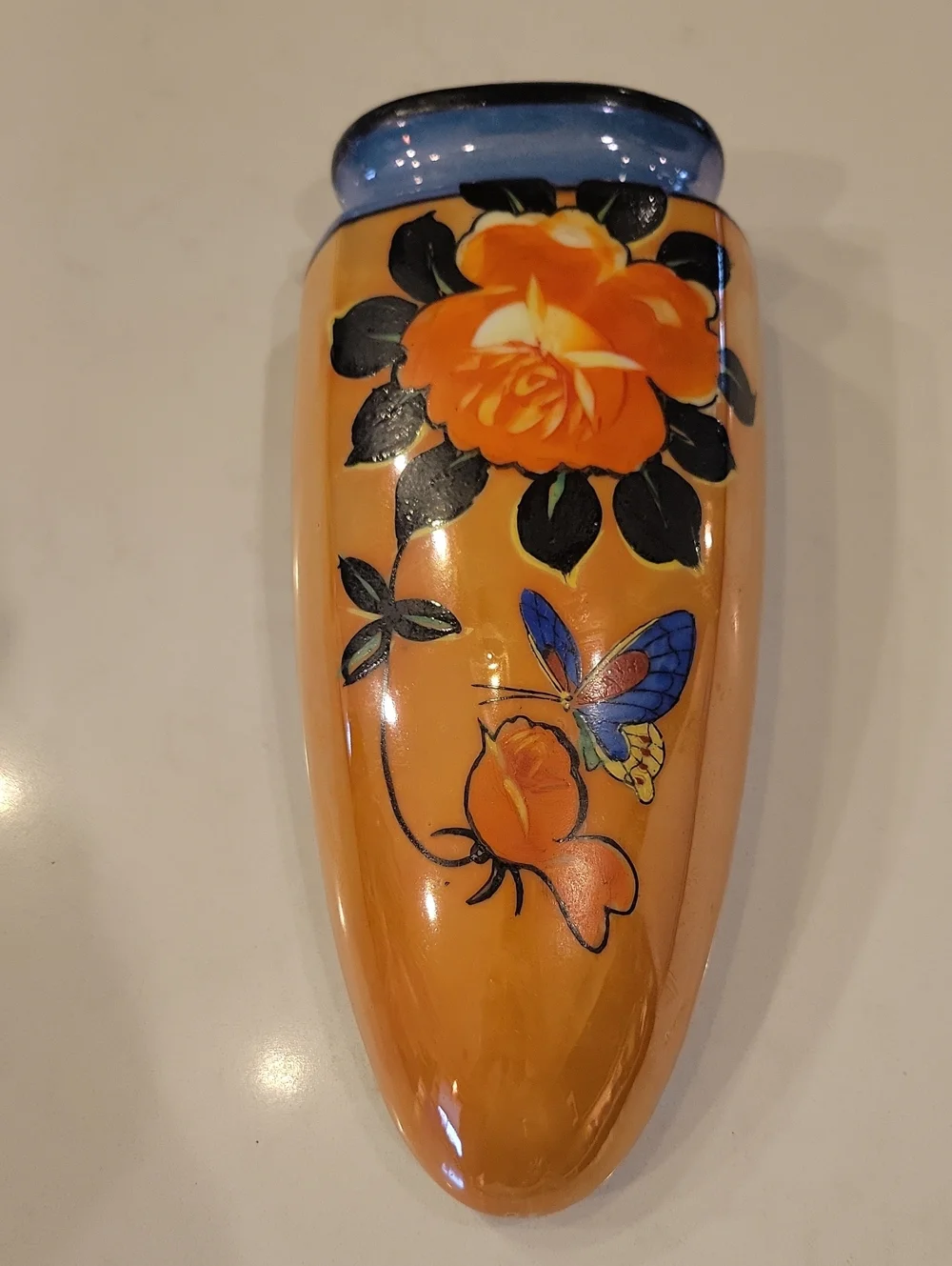 Vintage Hand-Painted Orange Floral Wall Pocket Vase with Blue Butterfly
